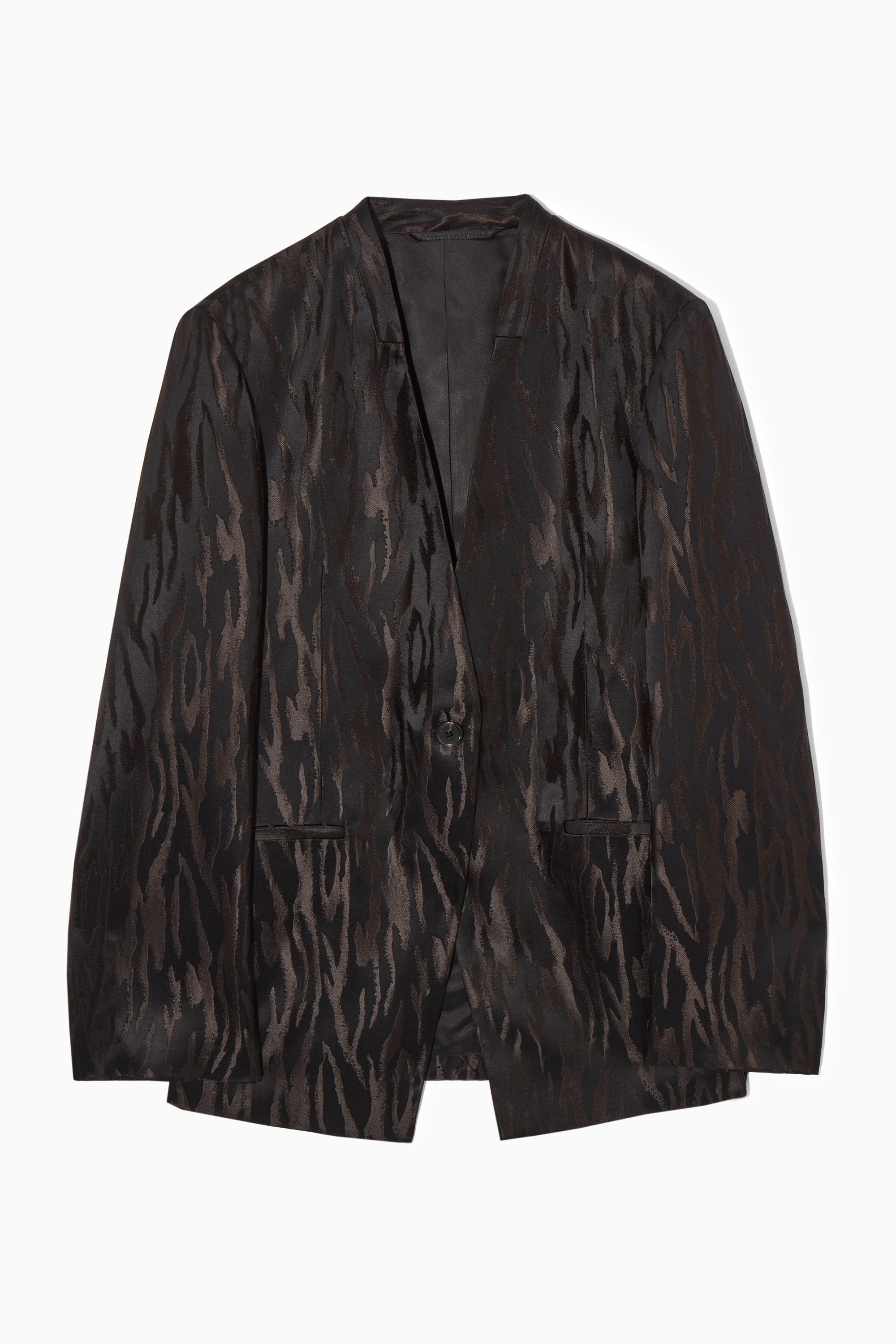 RELAXED COLLARLESS ZEBRA-JACQUARD BLAZER - DARK BROWN / BLACK