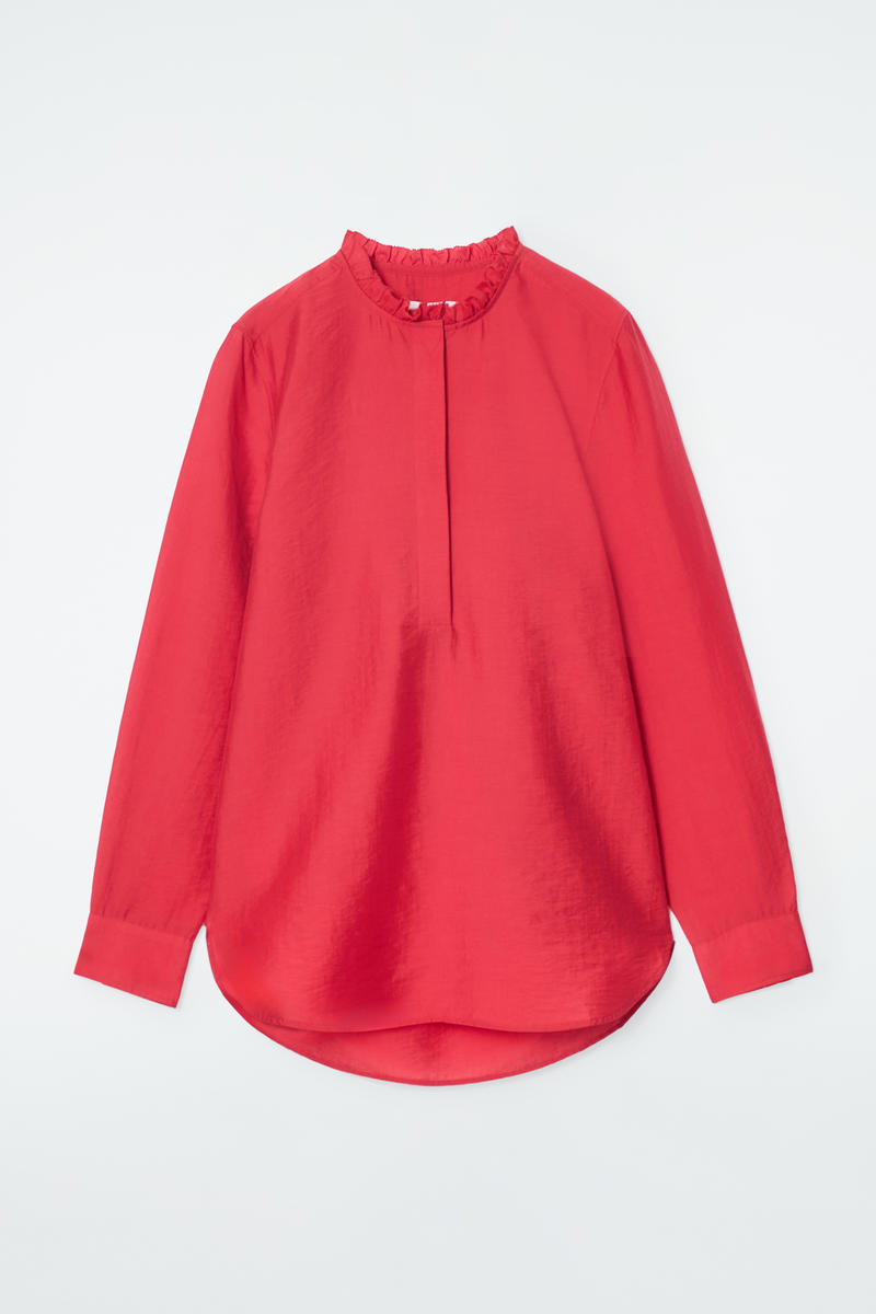 Ruffle-Collar Textured Blouse in Red