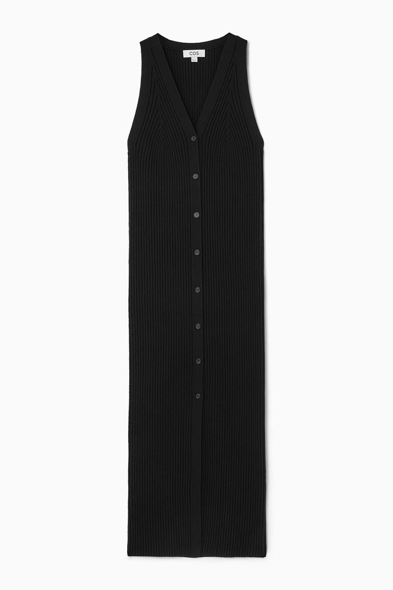 Buttoned Rib-Knit Maxi Dress