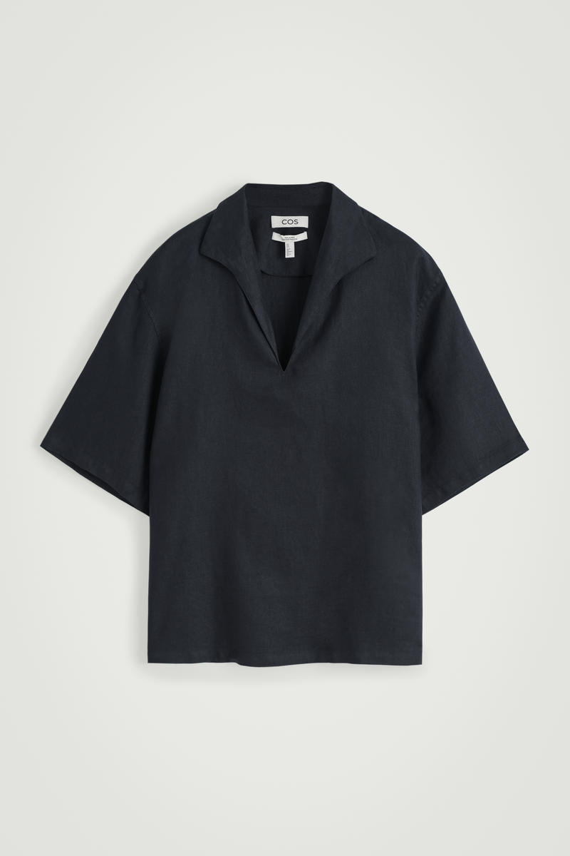 Open-Collar Linen Shirt in Navy