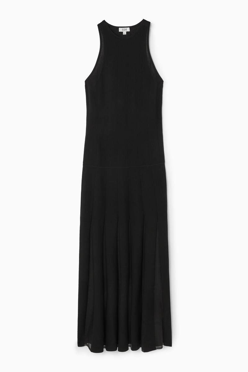 Pleated Racer-Neck Maxi Dress