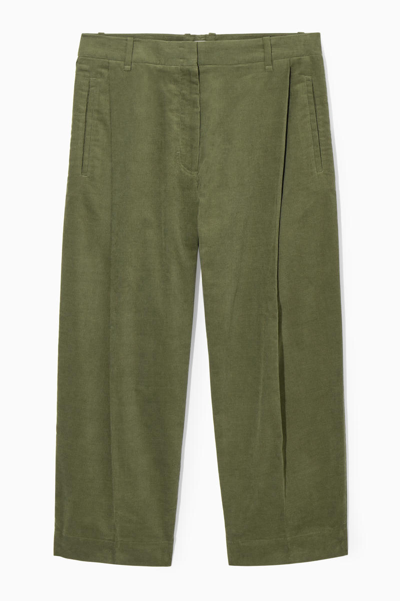 Pleated Barrel-Leg Corduroy Trousers in Green