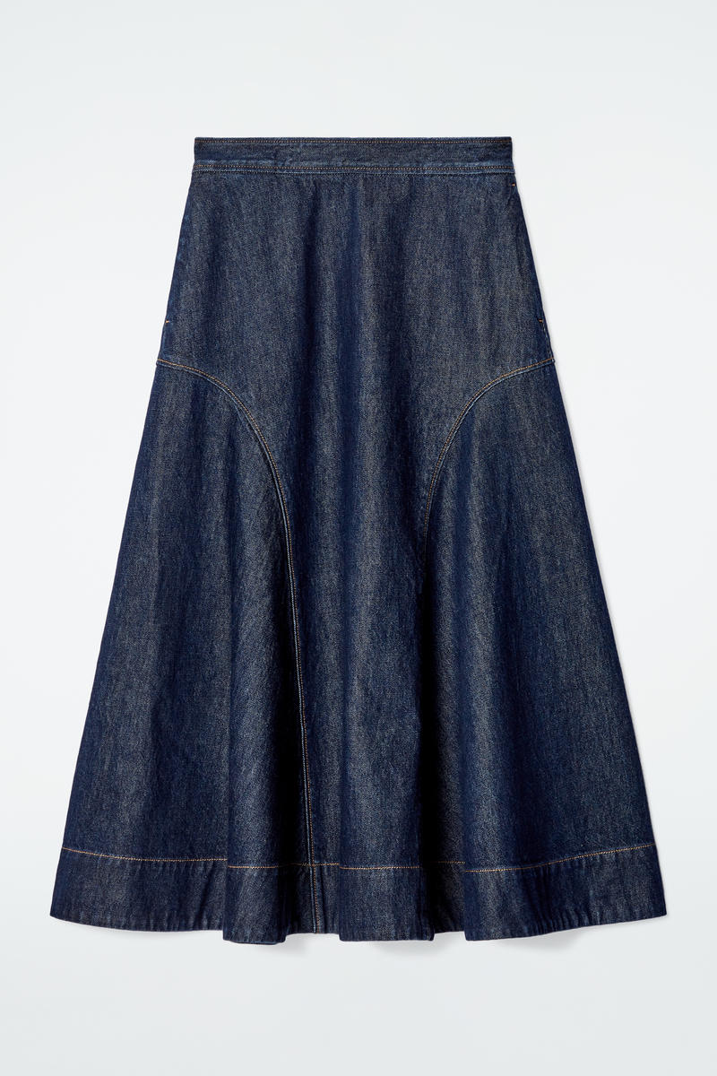 Raw Denim A-Line Midi Skirt