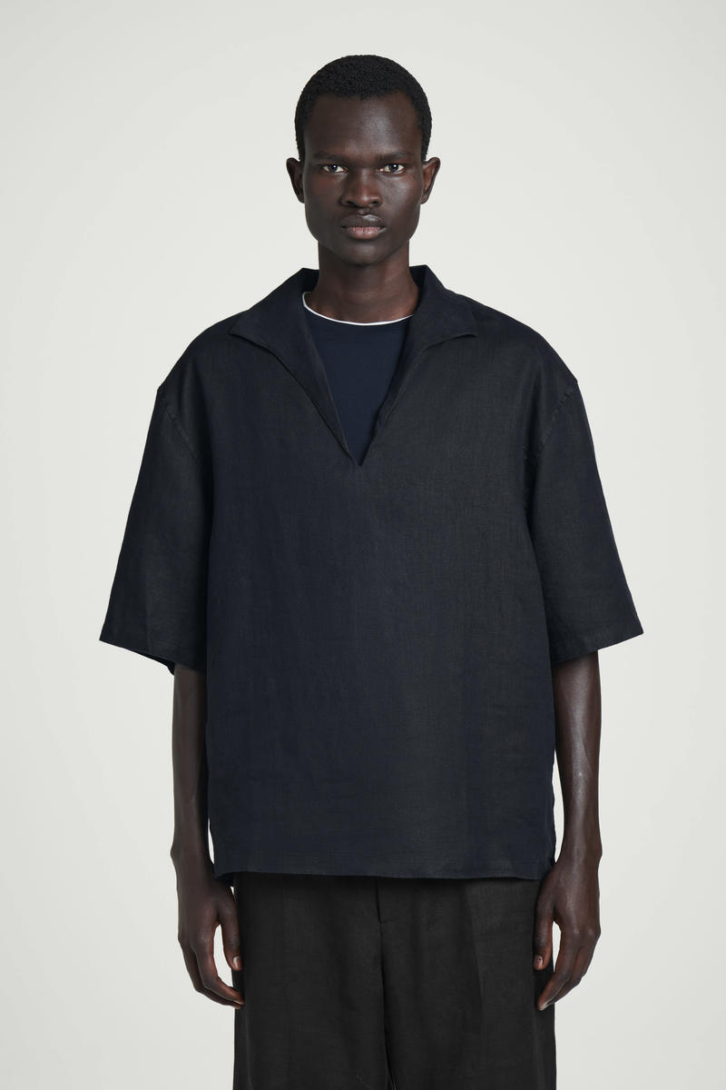 Cos Open-collar Linen Shirt In Blue