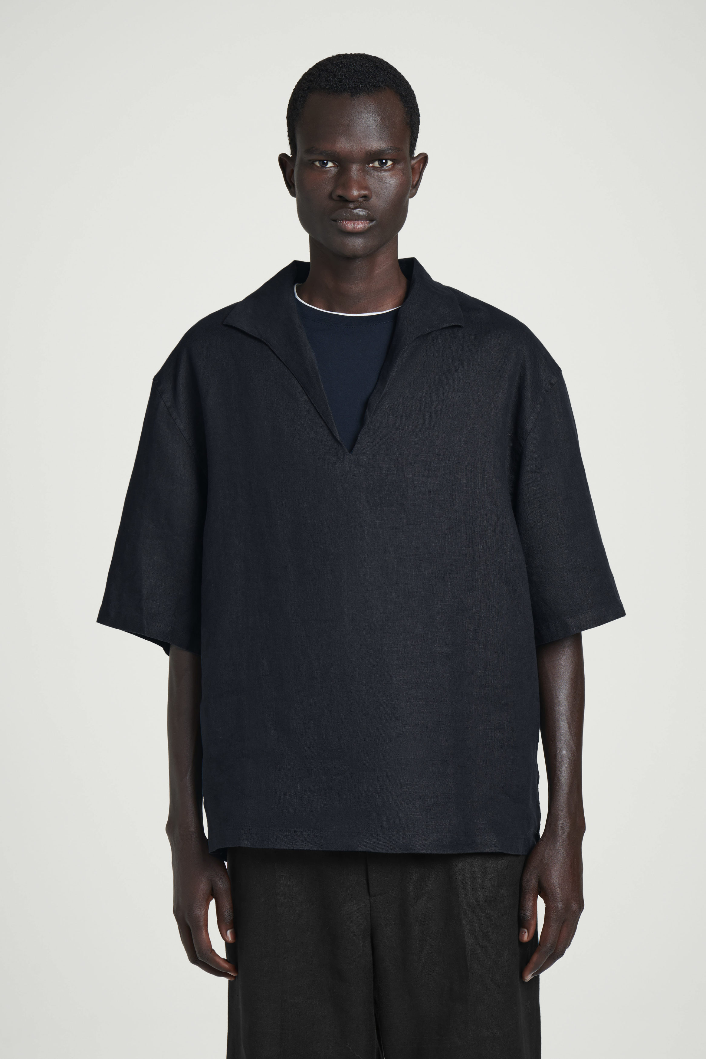 OPEN-COLLAR LINEN SHIRT - NAVY