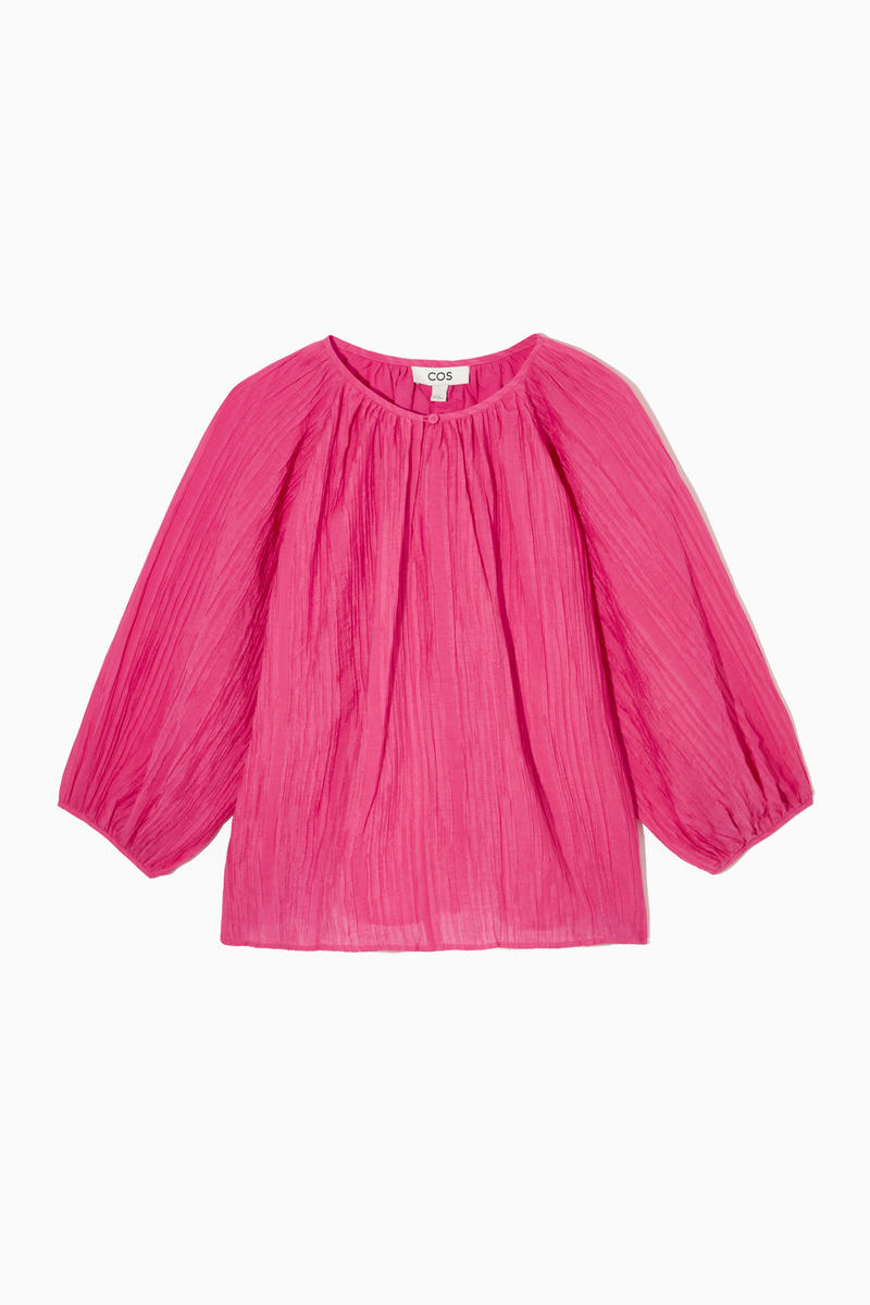 Cos Puff-sleeve Seersucker Blouse In Pink | ModeSens