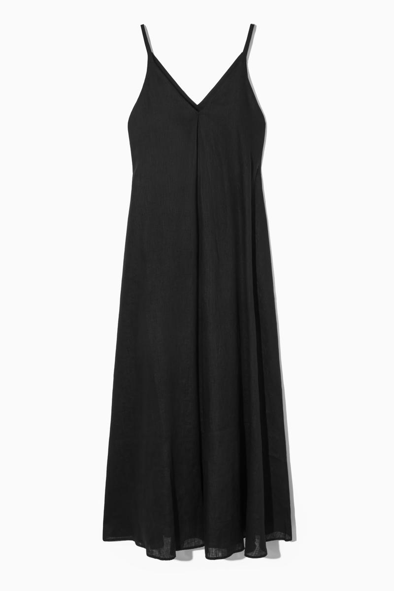 Pleated V-Neck Linen Midi Dress