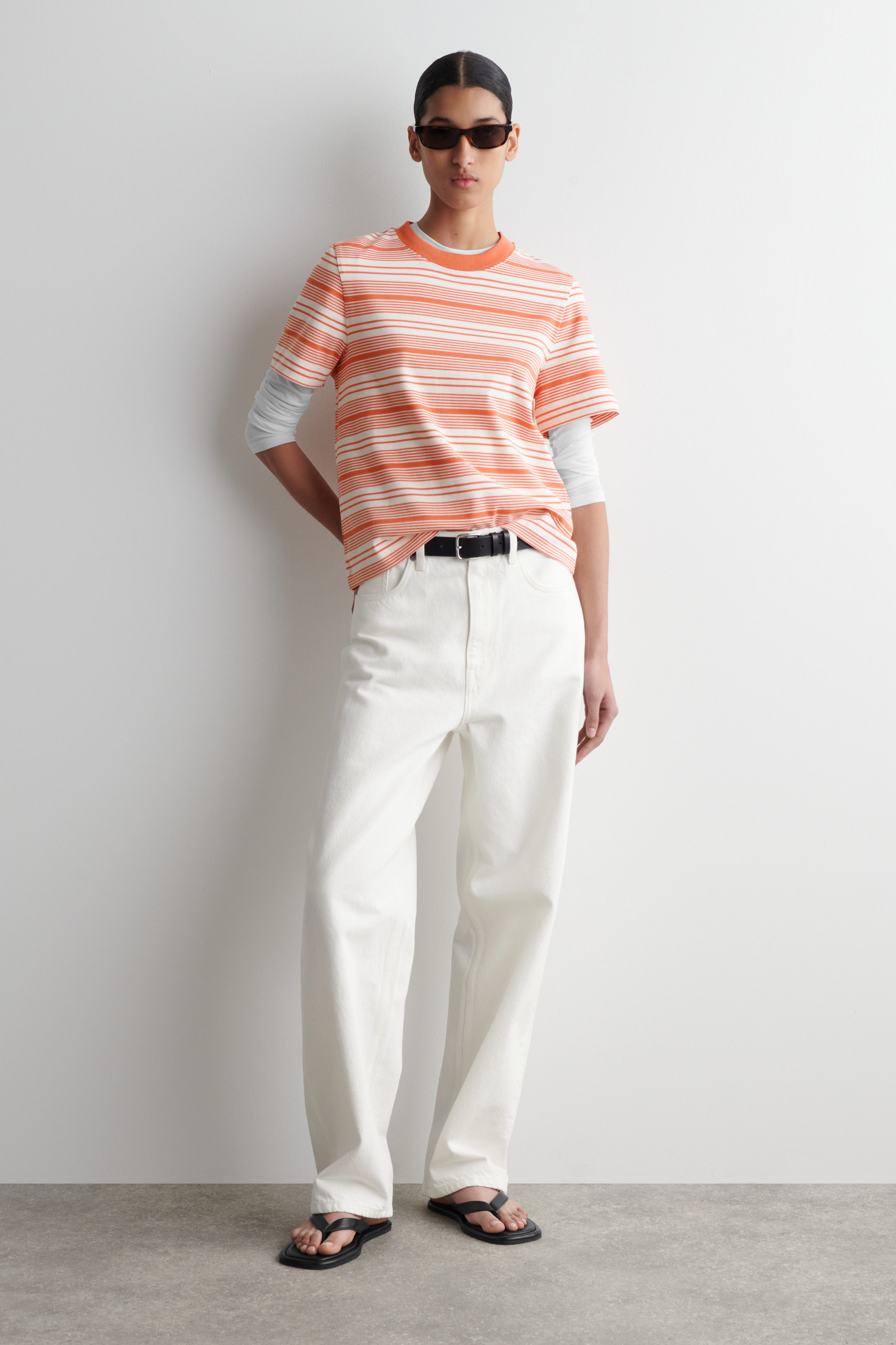 Tシャツ・カットソー No.1130 C stripe loose T (4color) Women's Light Yellow Knitted T-Shirt With Mulit-Color Stripe
