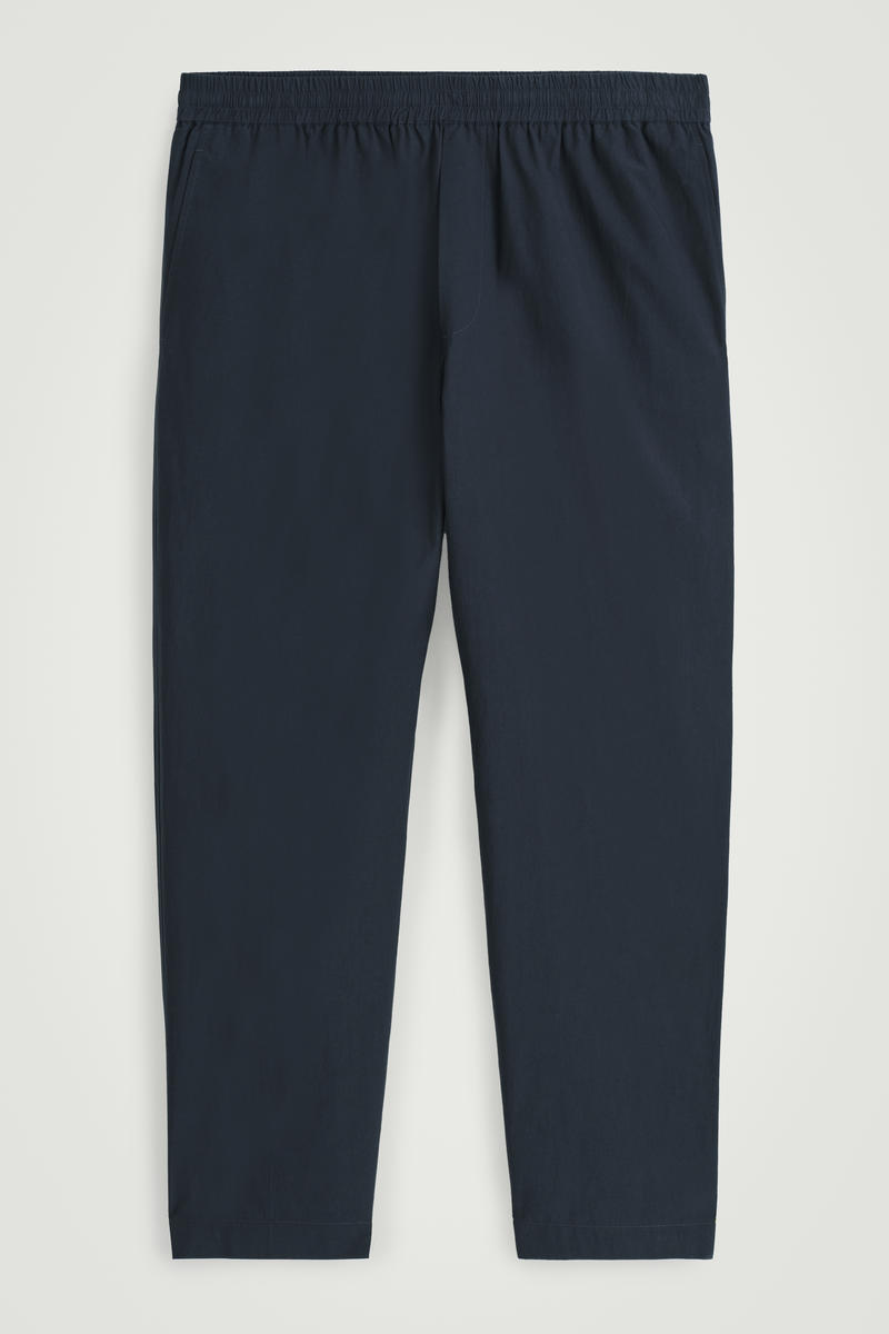Elasticated Cotton Tapered Trousers in Navy