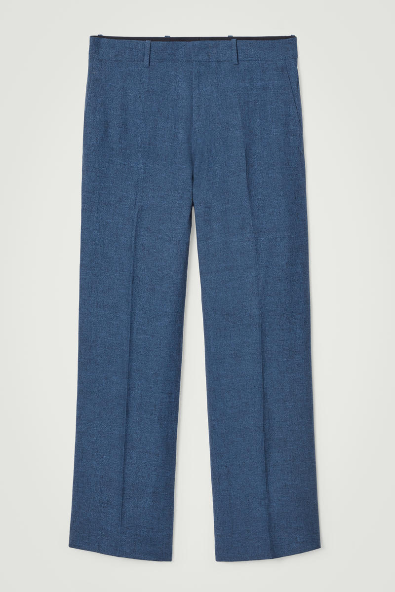 Regular Tailored Linen Flared Trousers in Blue