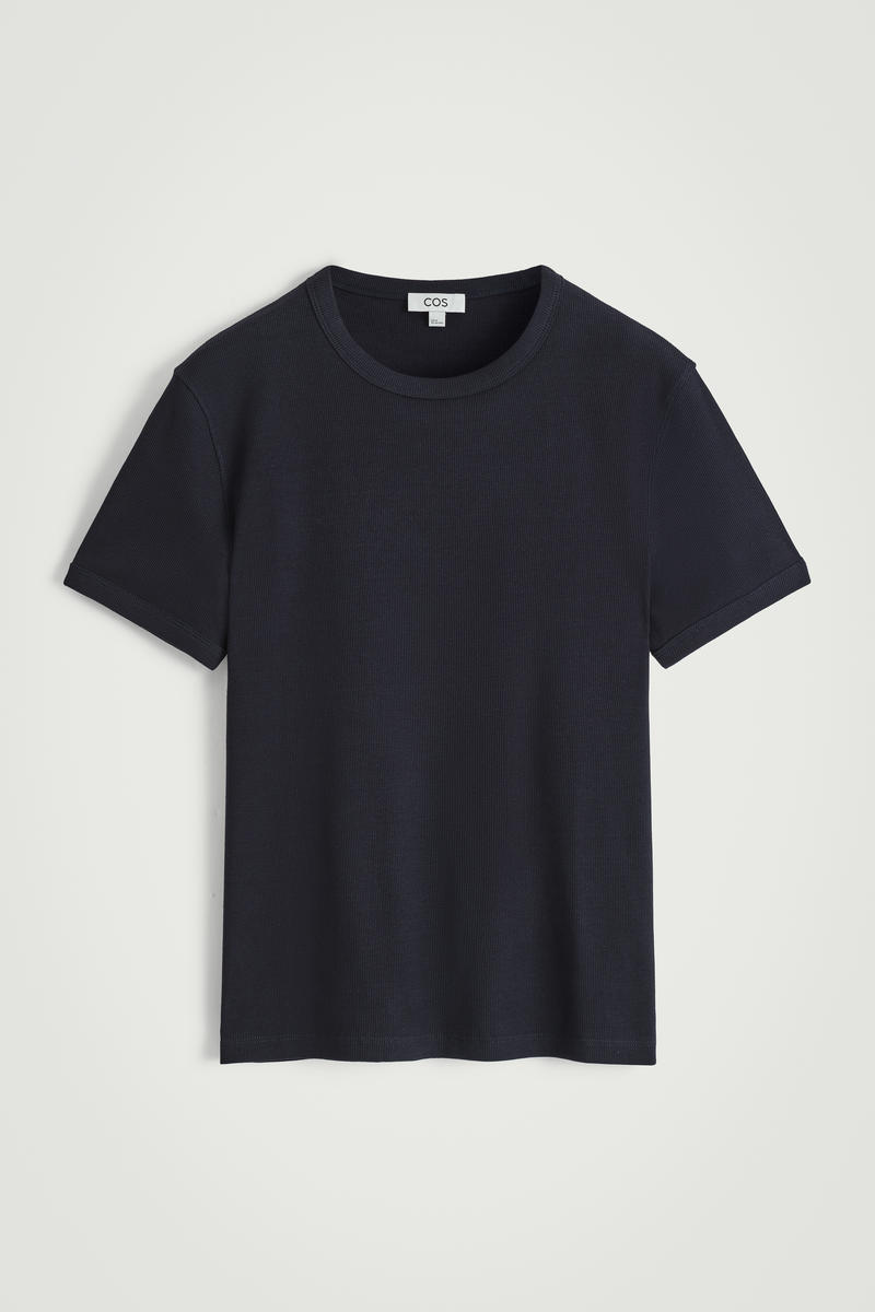Cos Slim Ribbed Cotton T-shirt In Navy