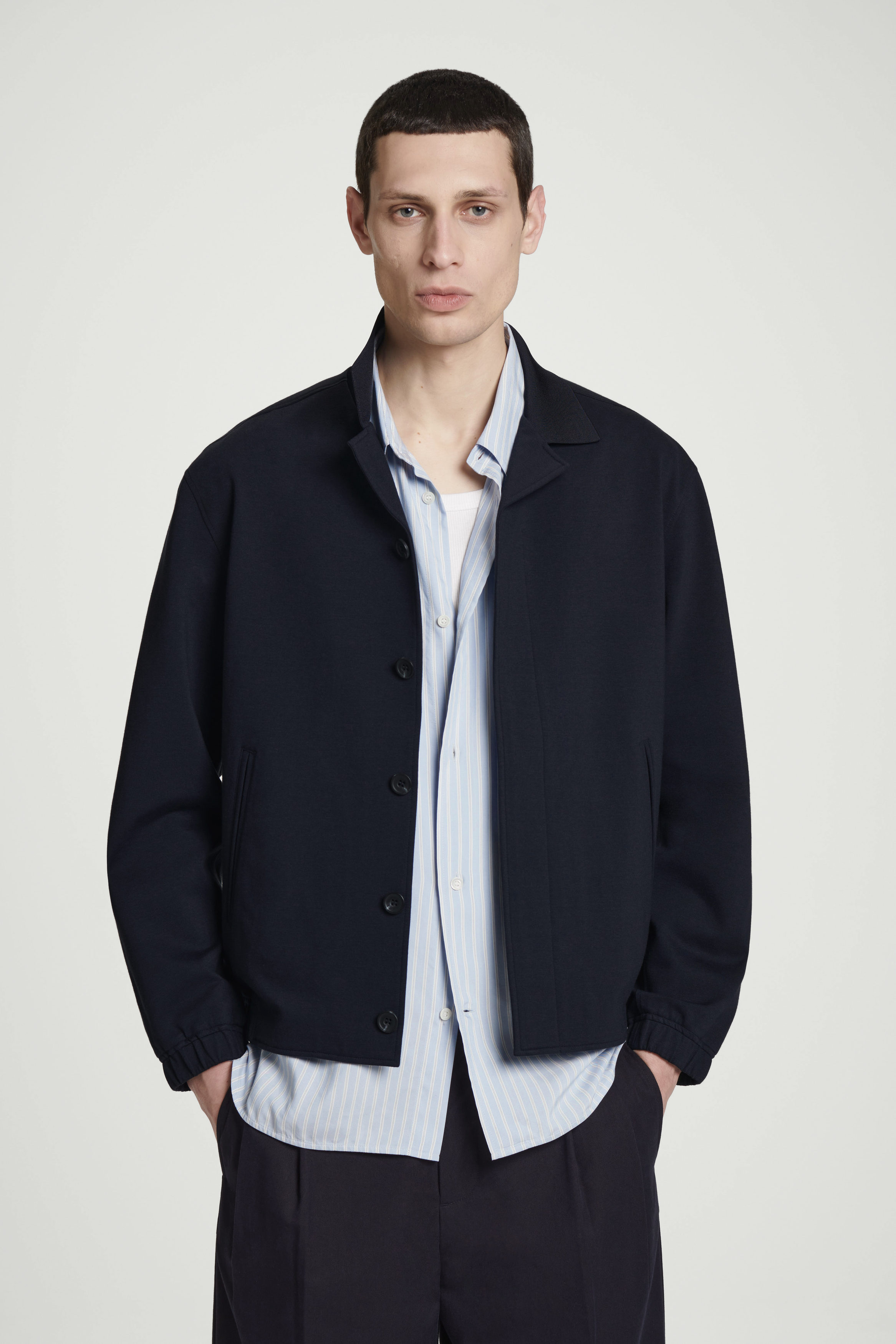 COLLARED INTERLOCK COTTON-JERSEY JACKET - NAVY | COS