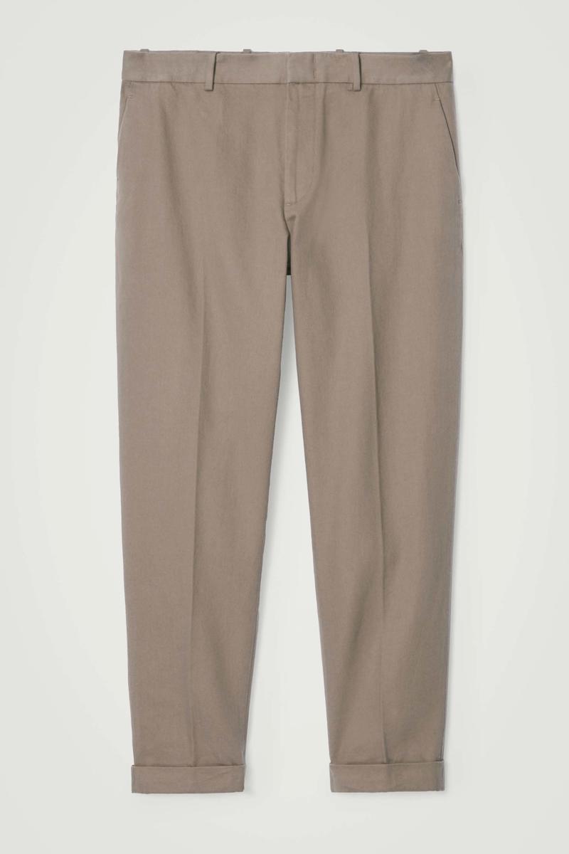 Turn-Up Tapered Twill Trousers in Brown