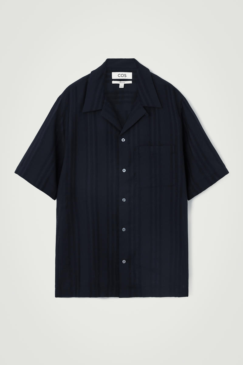 Relaxed Stripe-Jacquard Cotton Short-Sleeved Shirt in Navy Blue