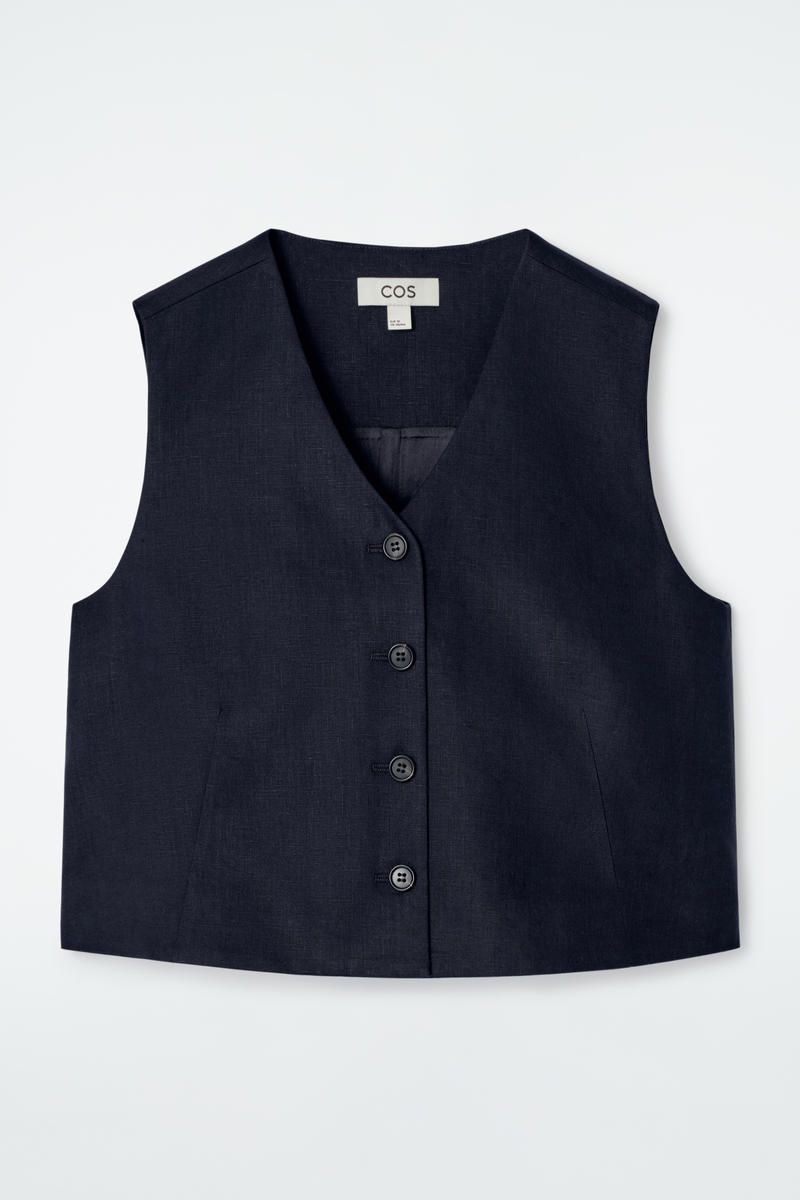 Cropped Linen Waistcoat in Navy