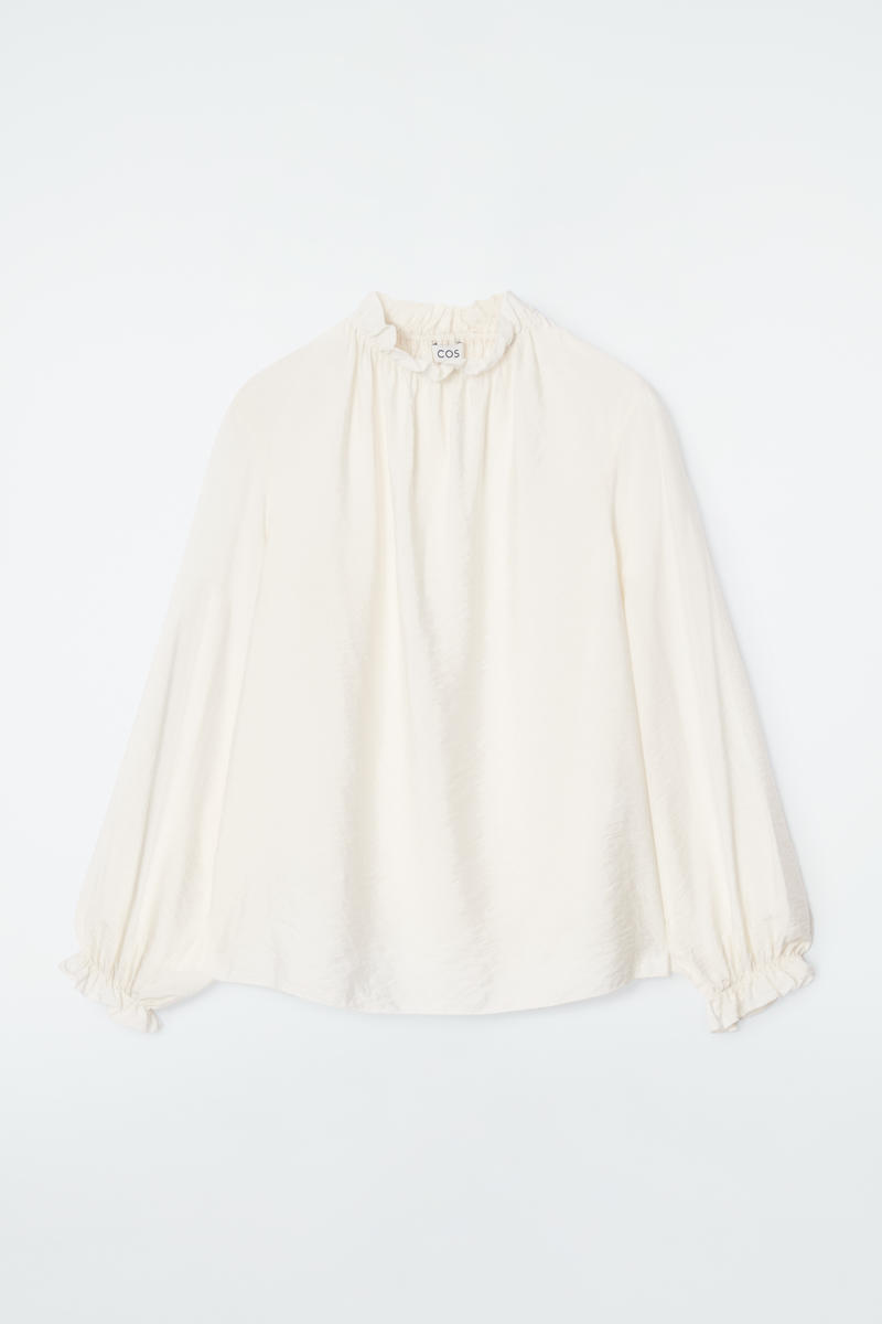 Ruffled High-Neck Blouse in Beige