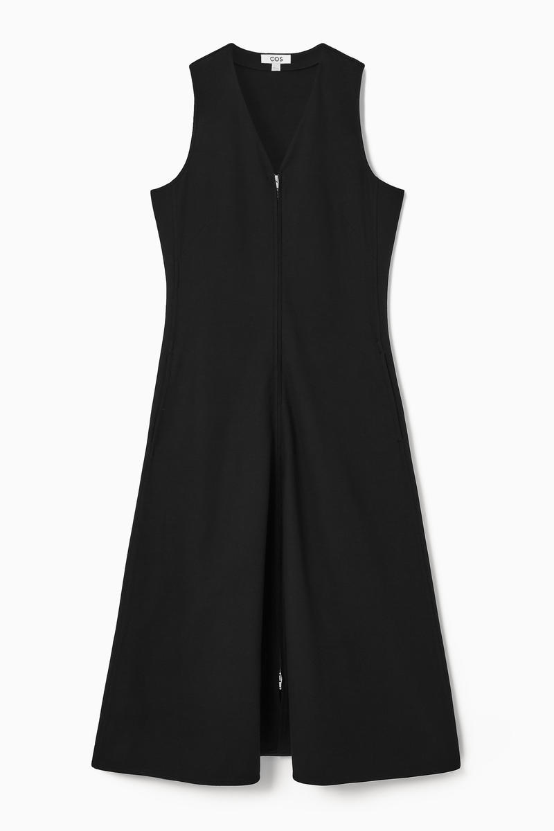 Zip-Front V-Neck Midi Dress