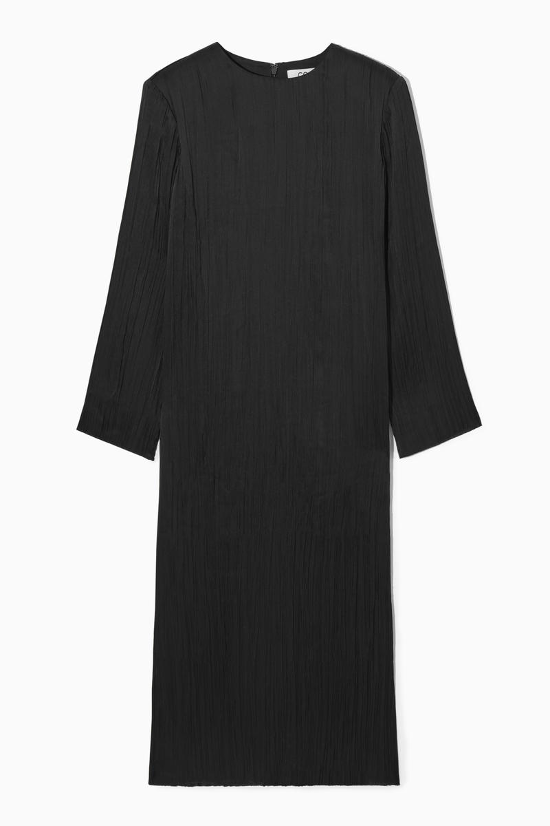 Long-Sleeved Plissé Midi Dress