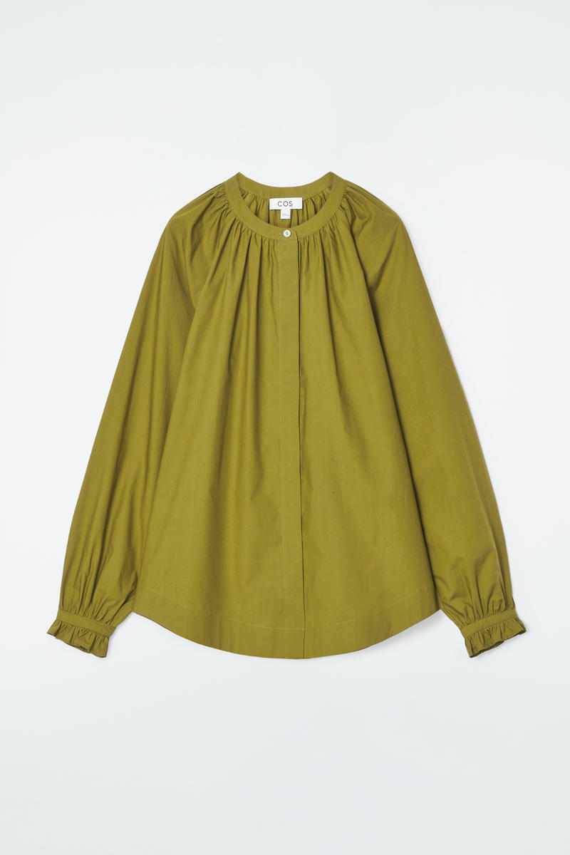 Ruffled-Cuff Gathered Blouse in Green