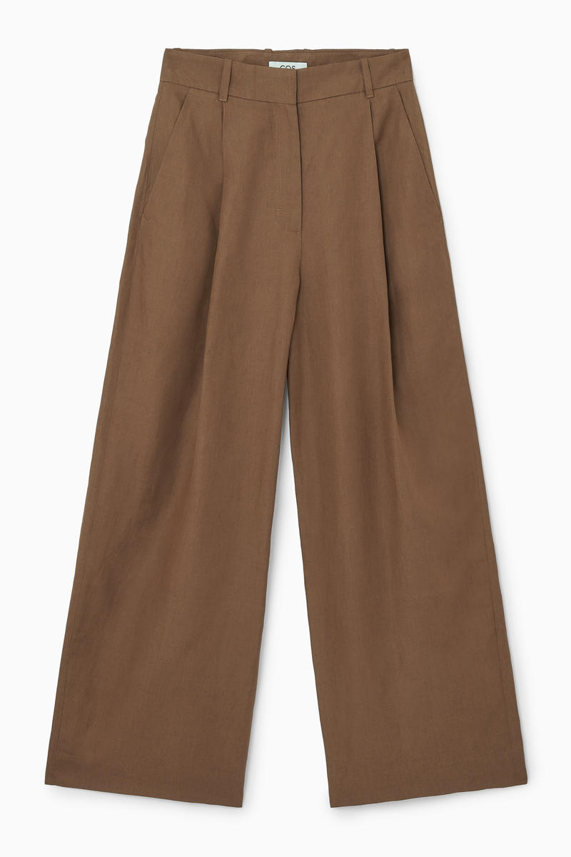 Relaxed Linen-Blend Wide-Leg Trousers in Brown