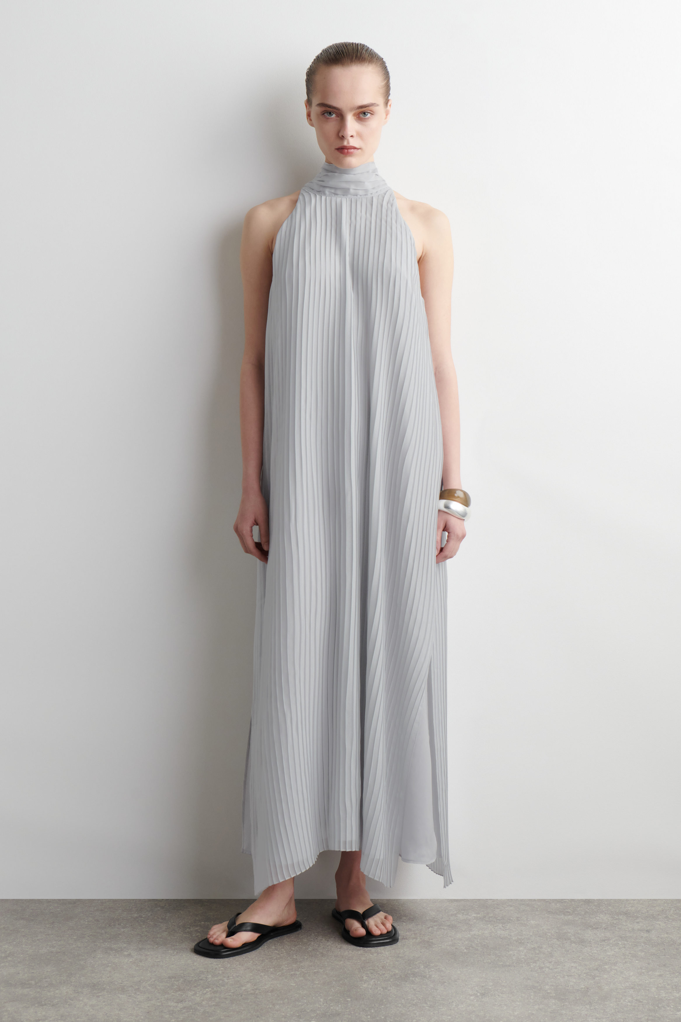 PLEATED HALTERNECK MAXI DRESS