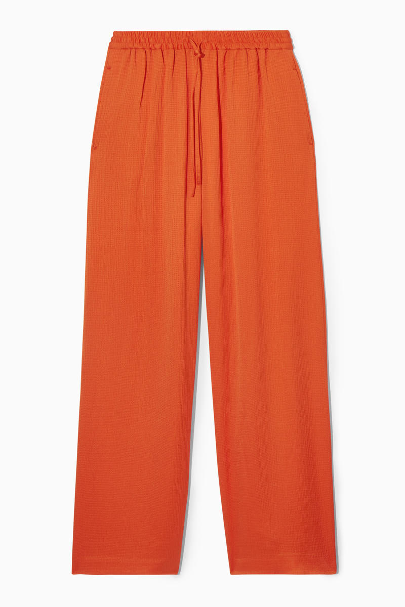 Textured Wide-Leg Drawstring Trousers in Orange