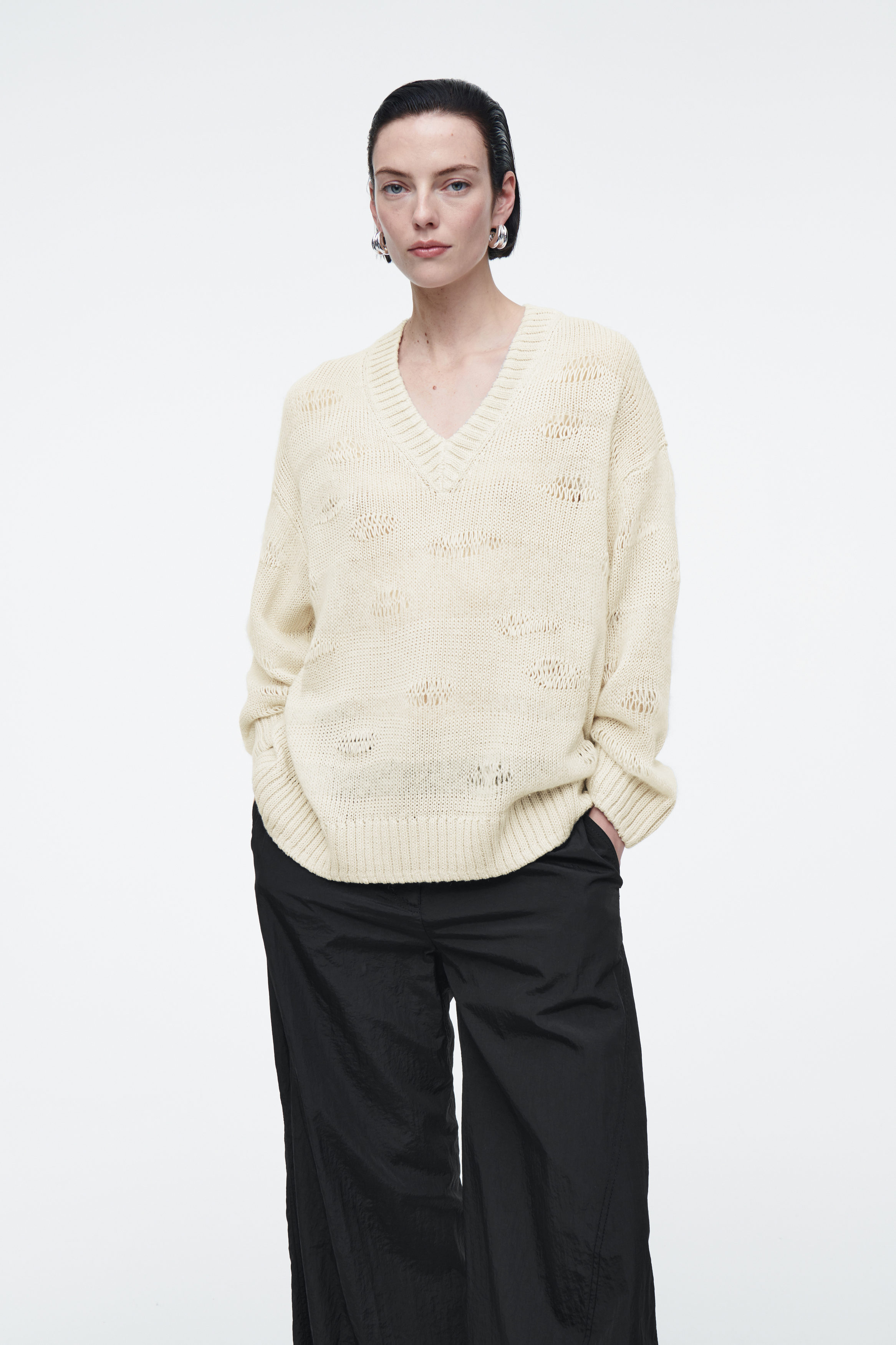 DISTRESSED STRIPED KNITTED LINEN-BLEND JUMPER
