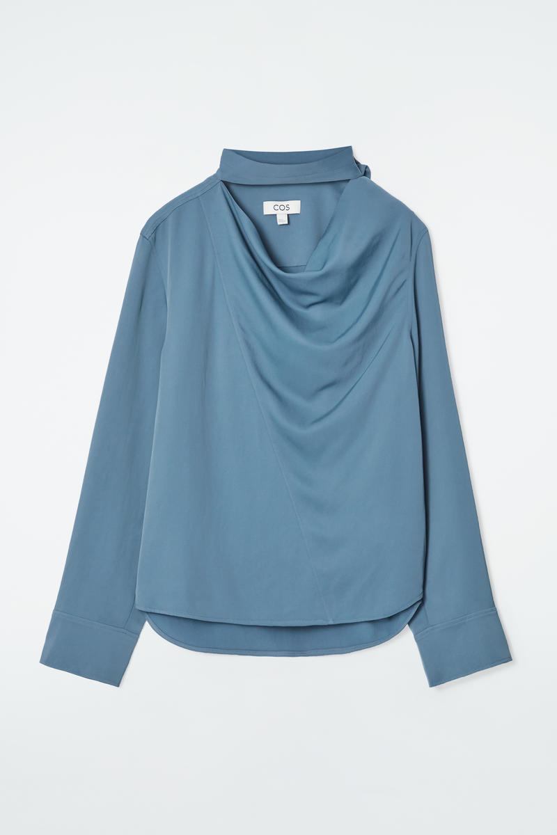 Draped Scarf-Detail Blouse in Blue