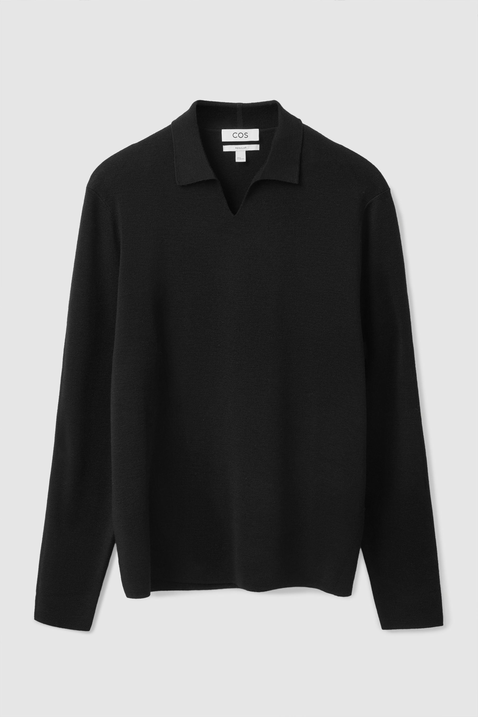 ★COOR★ Open collar cotton polo shirt black CMN3KT01K-BLK LONG SLEEVE OPEN-COLLAR POLO SHIRT - BLACK | COS