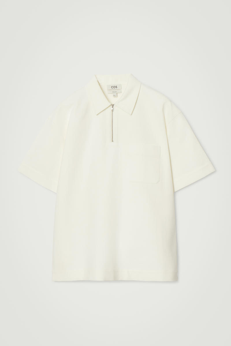 Cotton-Twill Half-Zip Polo Shirt in Beige