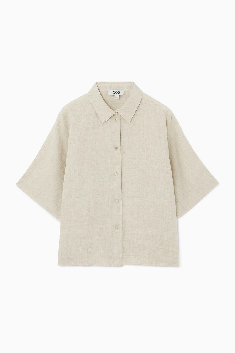 Short-Sleeved Linen Shirt in Beige