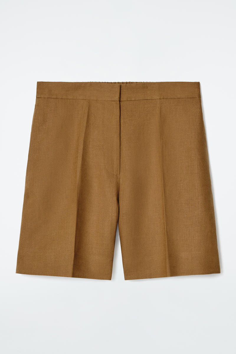 Tailored Elasticated Linen Shorts in Beige