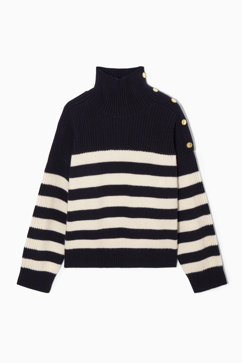 Button-Embellished Striped Wool Jumper