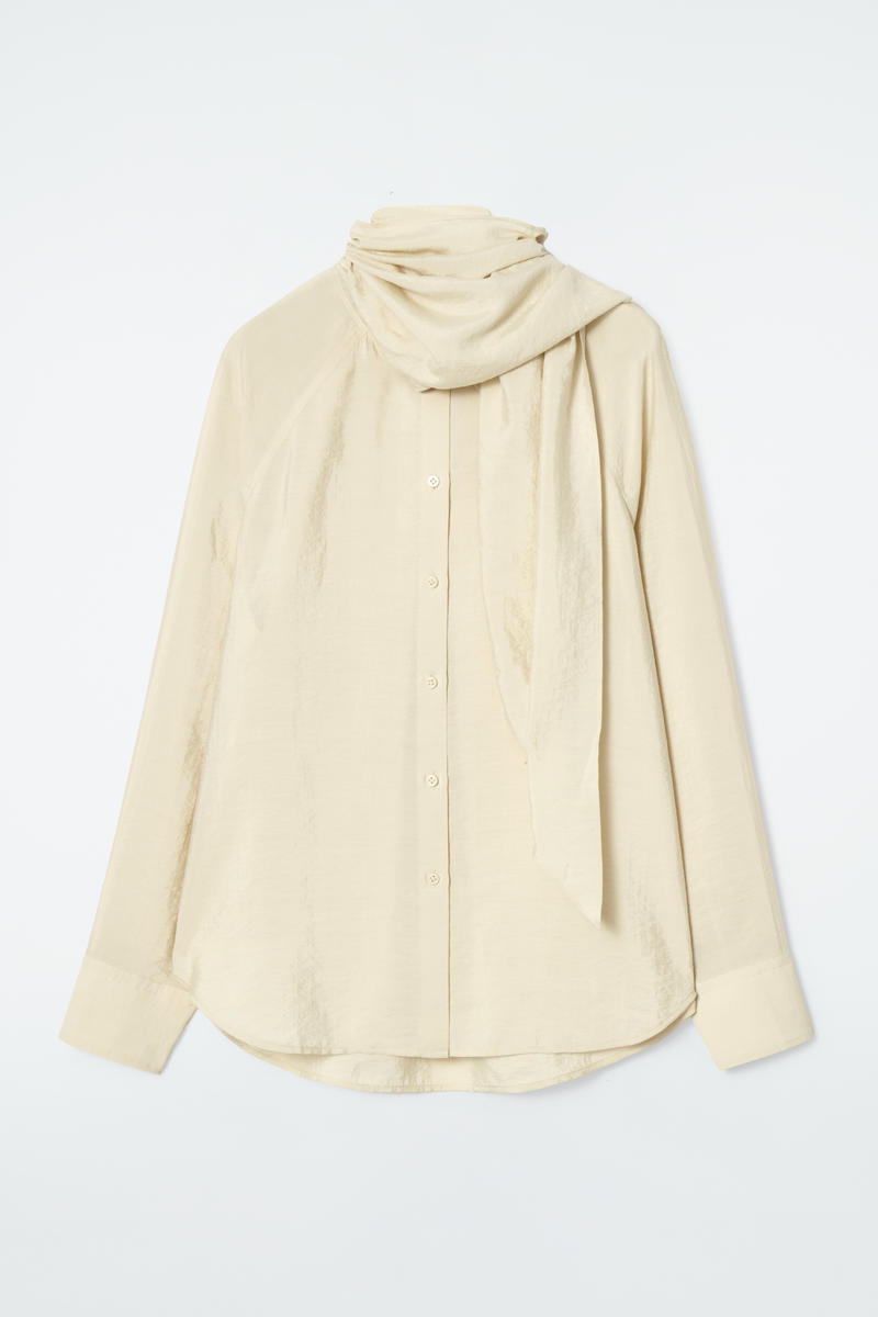 Scarf-Detail Silk Blouse in Beige