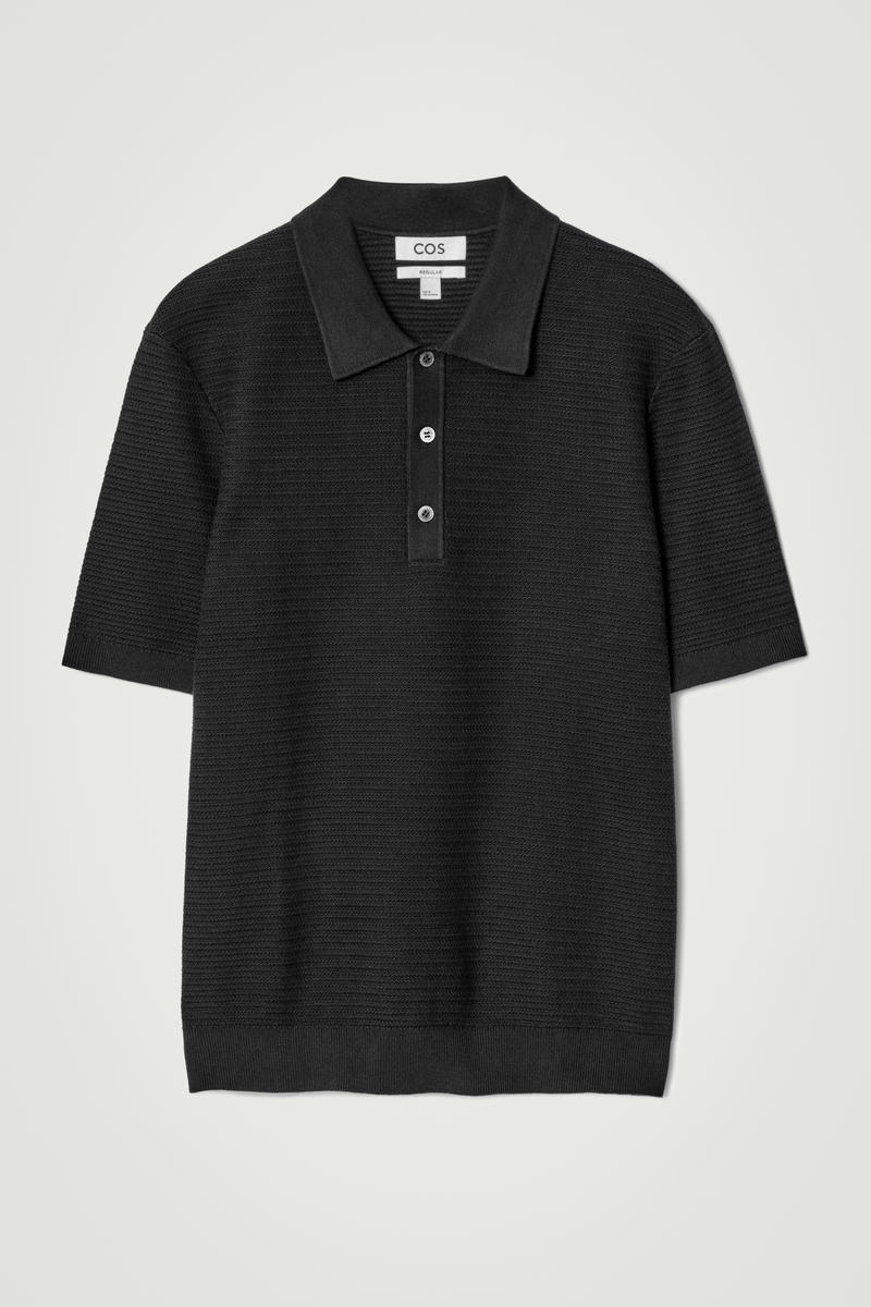 Cos Textured Knitted Cotton Polo Shirt In Black