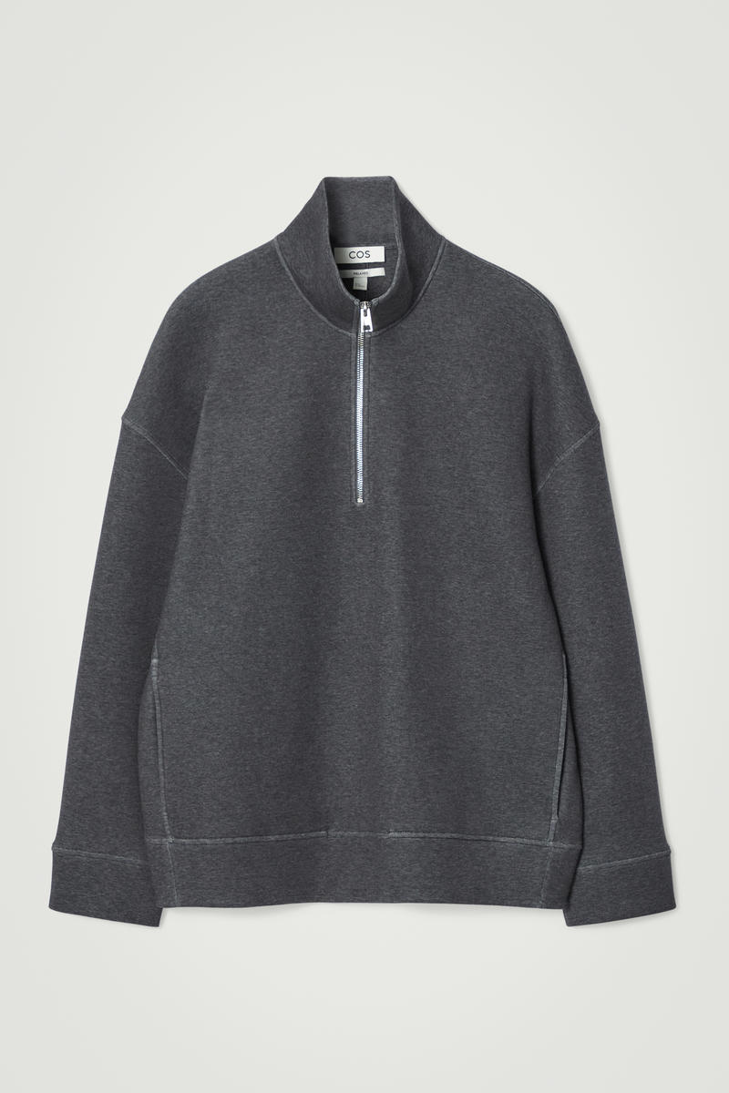 Oversized Scuba-Jersey Half-Zip Sweatshirt in Grey