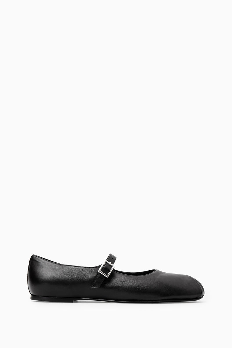 Pleated Leather Mary-Jane Ballet Flats