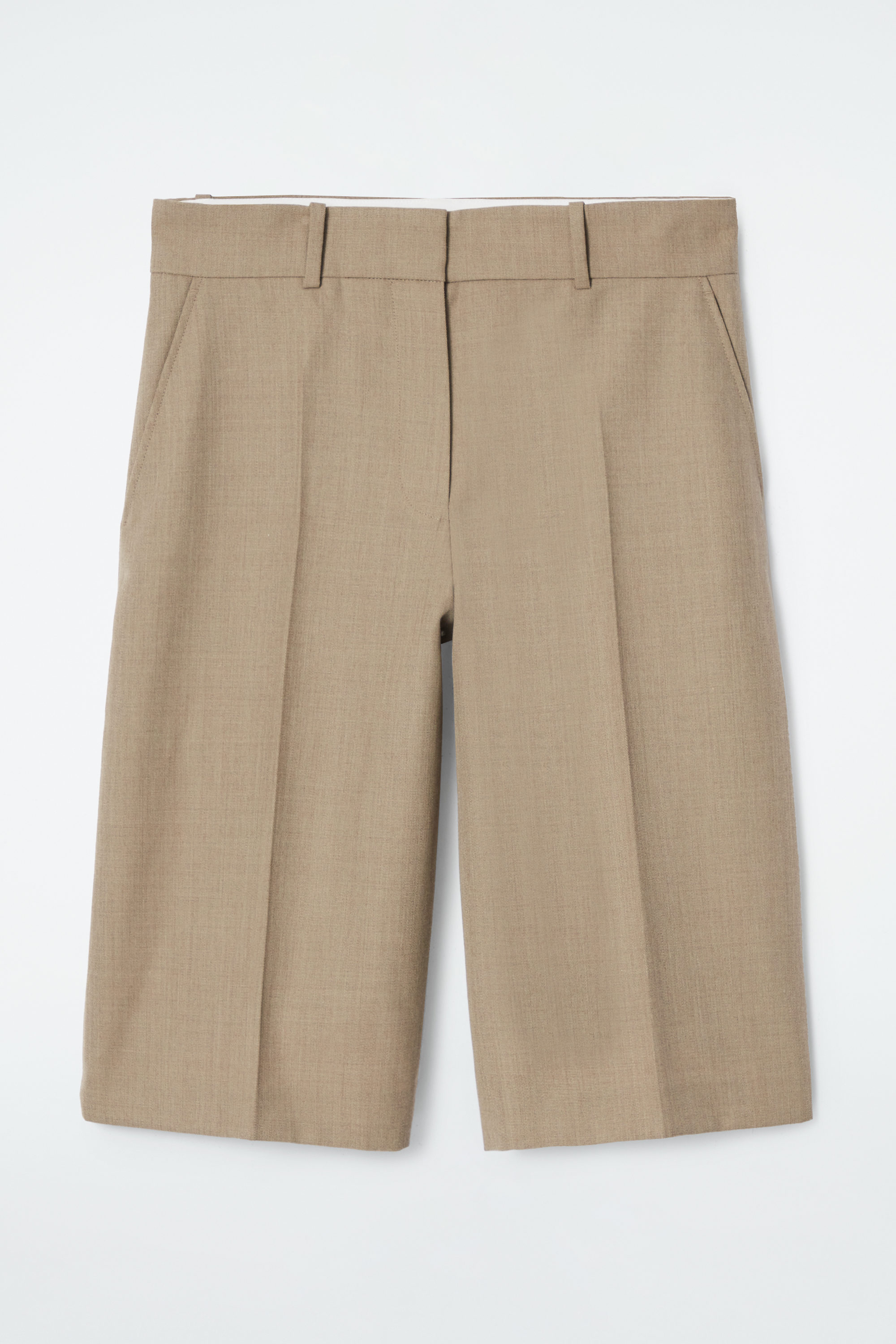 LONGLINE WOOL-BLEND TWILL SHORTS - BEIGE