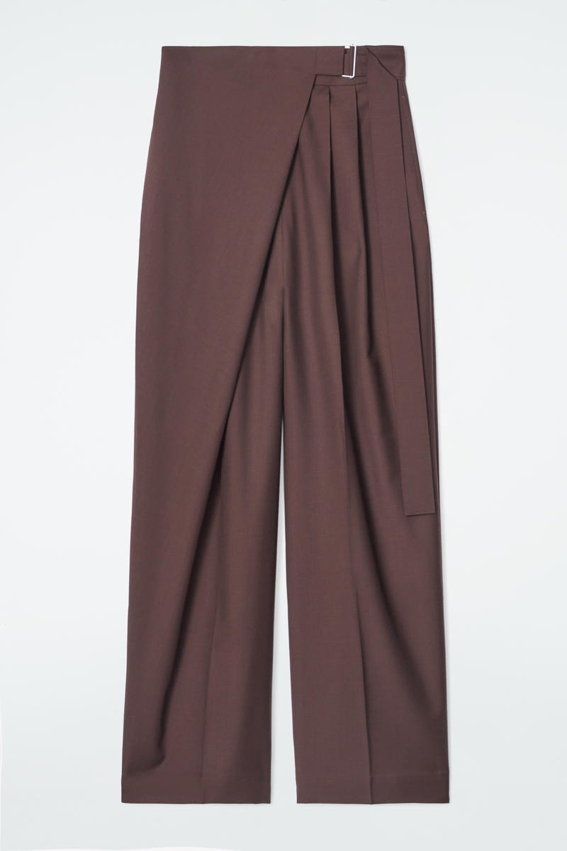 Belted Wrap-Front Wool Trousers in Brown