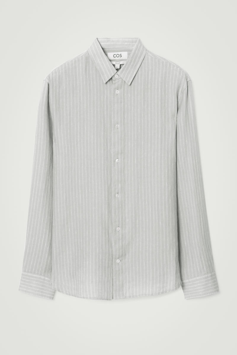 Relaxed Striped Linen Long-Sleeved Shirt in Grey