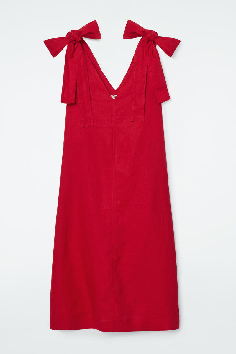 Bow-Detail Linen Midi Dress in Red