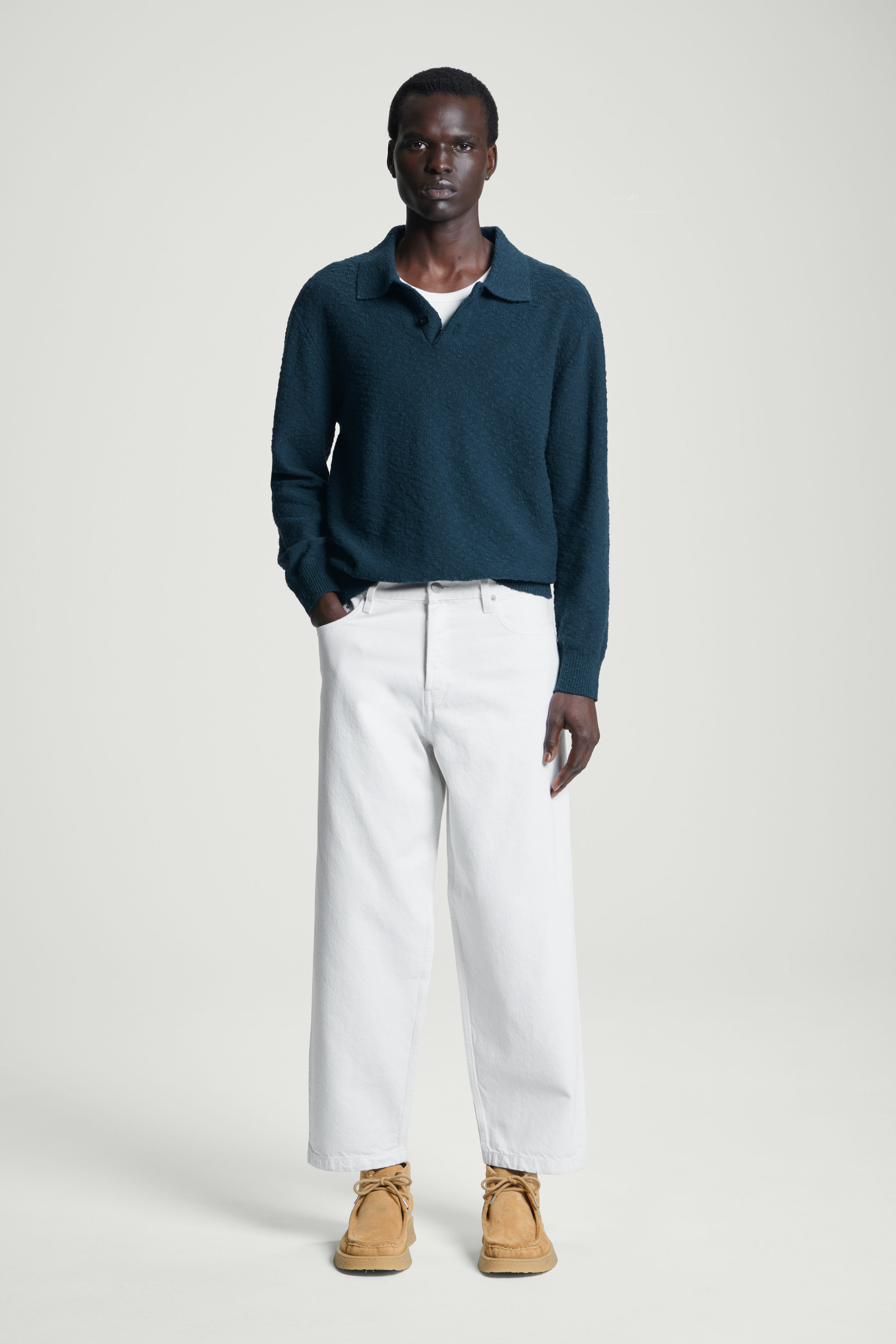 BOUCLÉ-KNIT LONG-SLEEVED POLO SHIRT - NAVY BOUCLÉ-KNIT LONG-SLEEVED POLO SHIRT - NAVY
