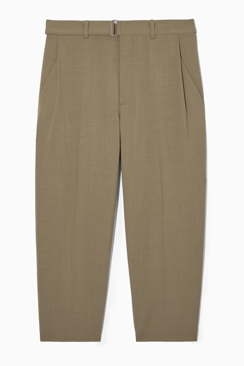 Relaxed Belted Wool-Blend Trousers in Beige