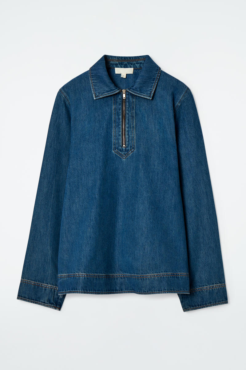 Denim Half-Zip Blouse in Blue
