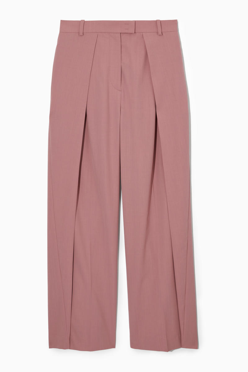 Relaxed Pleated Wool Wide-Leg Trousers in Pink