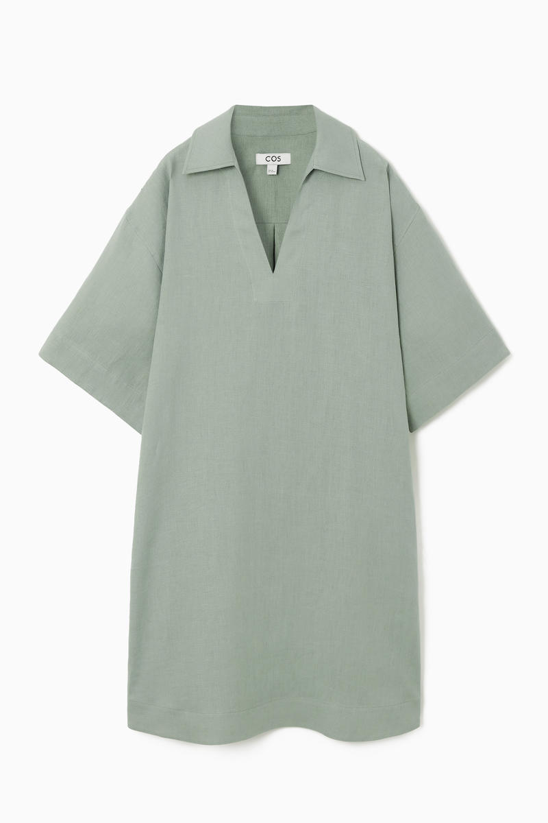 Open-Collar Linen Shirt Dress in Green