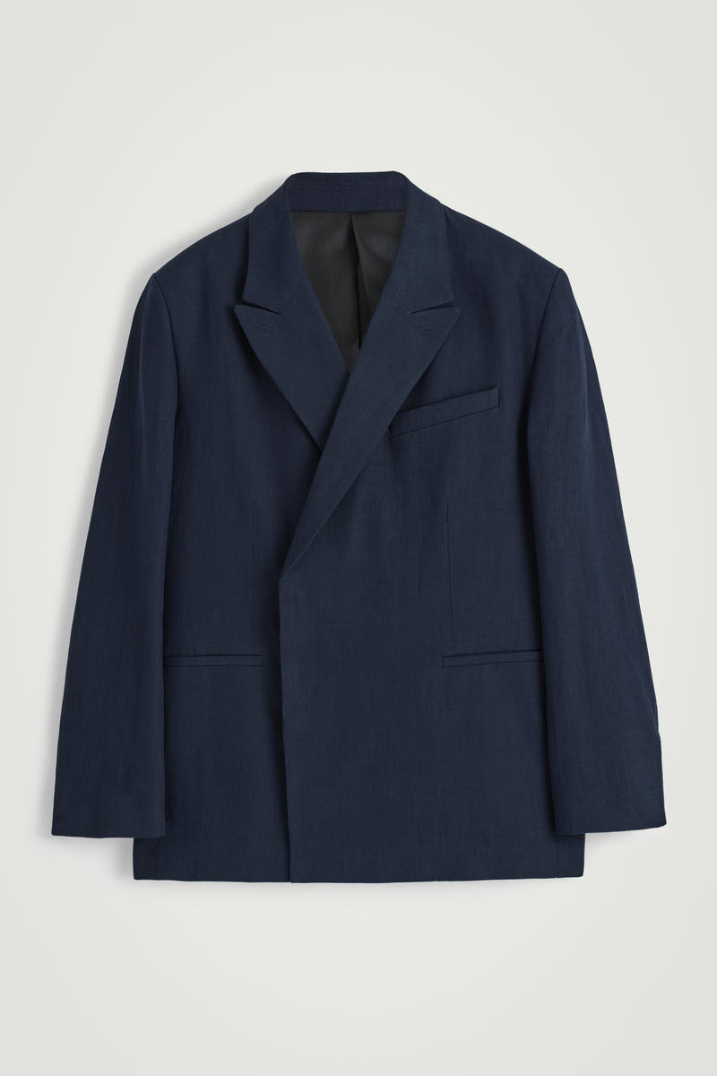 Relaxed Double-Breasted Linen Blazer in Navy