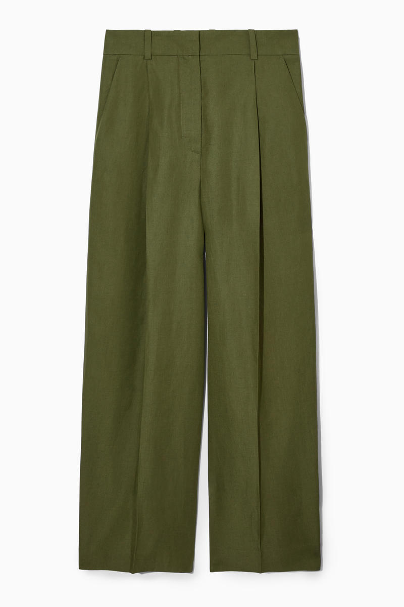Relaxed Linen-Blend Wide-Leg Trousers in Green