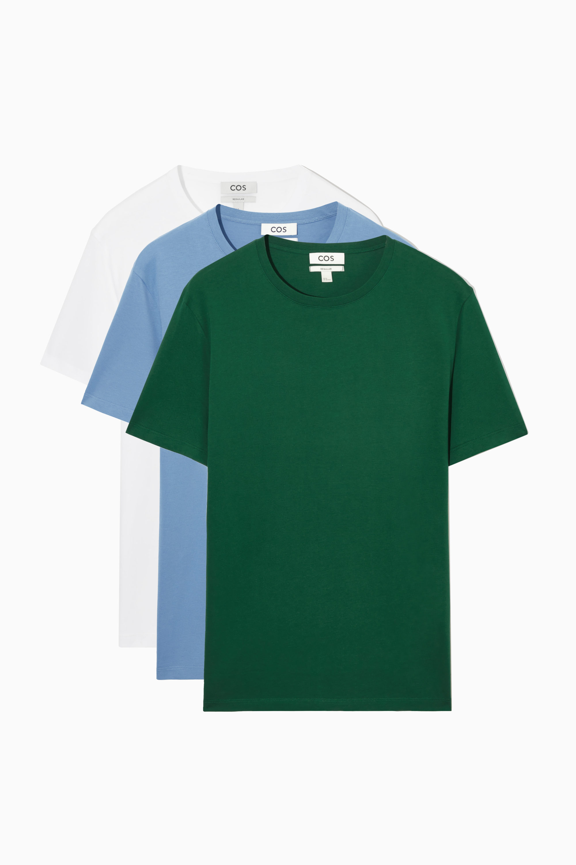 3-PACK REGULAR COTTON T-SHIRTS - GREEN / LIGHT BLUE / WHITE