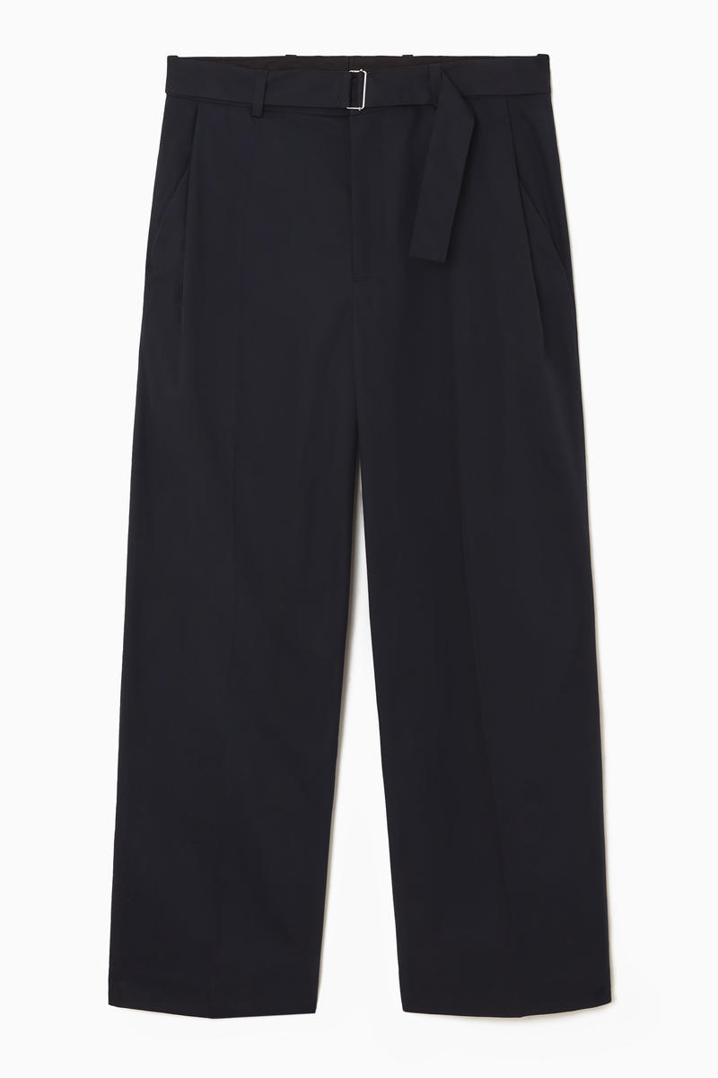 Belted Pleated Wide-Leg Trousers in Blue